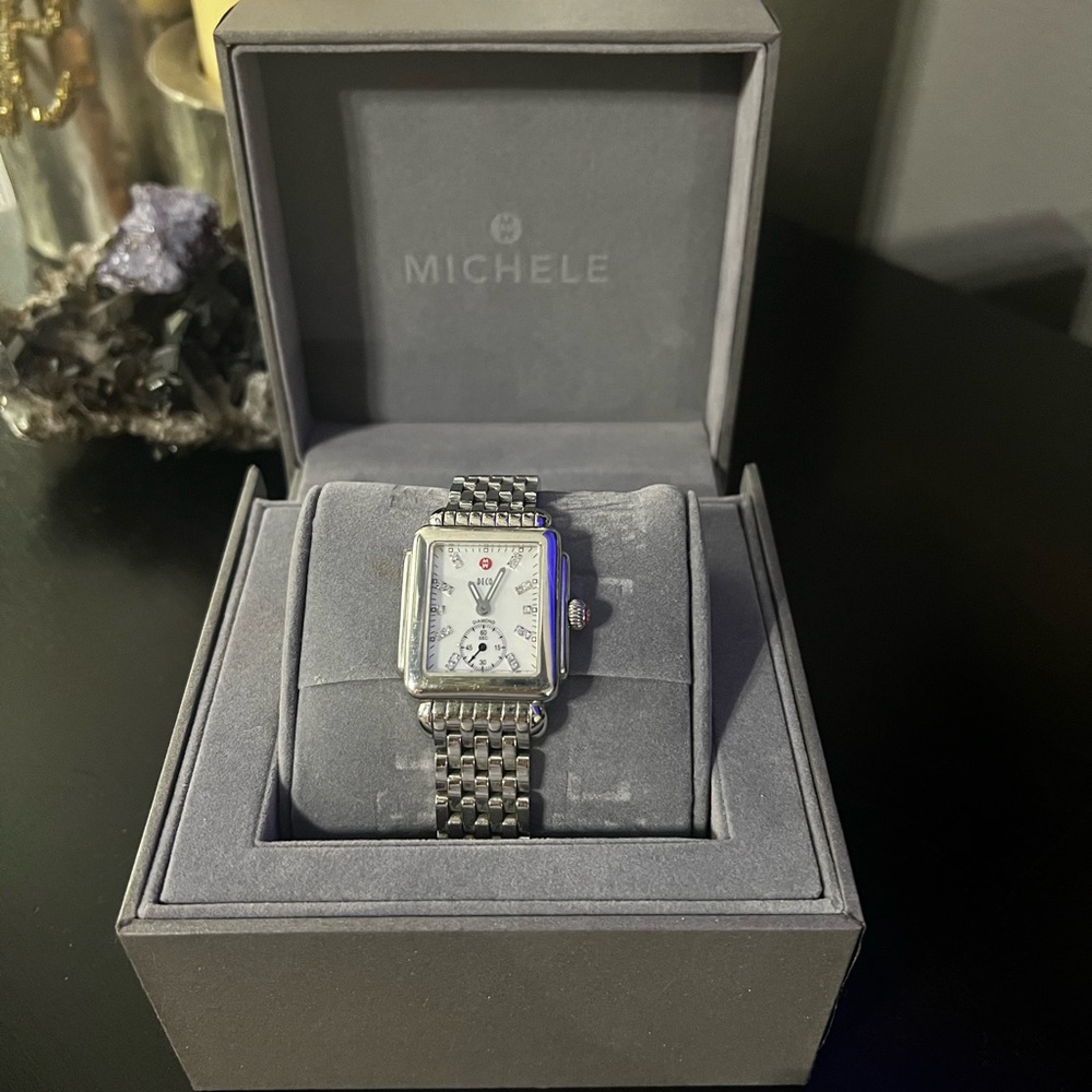 Michele Silver Watch with Red Accent